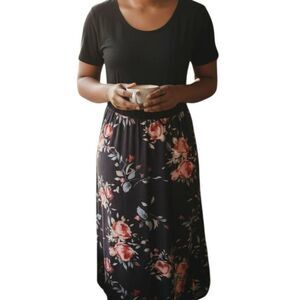AMAZON BLACK & PINK FLORAL MAXI DRESS SZ.L GUC